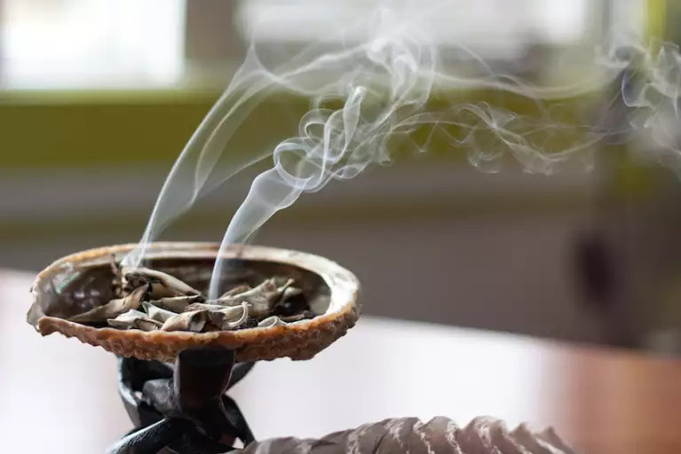 日本産ホワイトセージキュア（Japanese White Sage cure）（セイジ・seiji・ヤクヨウサルビア・ハーブ・Salvia）を使ってお部屋の空間を浄化する場合は、煙が全体へ行き渡るように器を動かしてください。